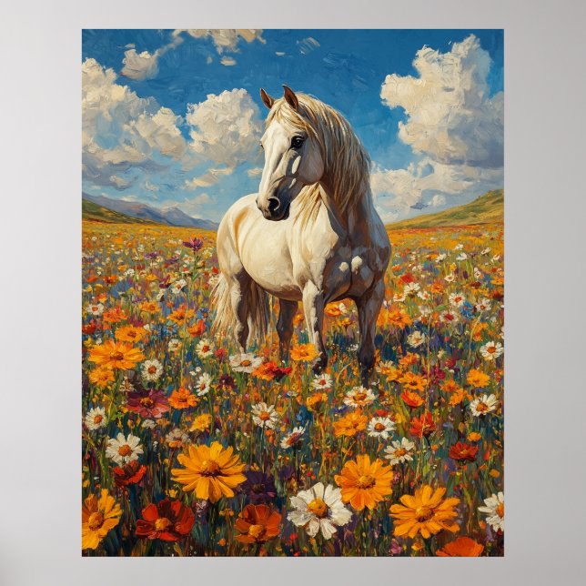 Poster Cavalo Branco em uma Sinfonia de Flores Silvestres (Frente)