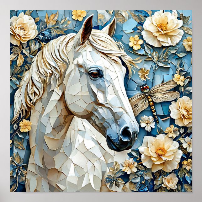 Poster Cavalo Branco Entre Flores Elegantes da Natureza (Frente)