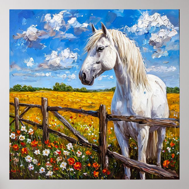 Poster Cavalo Branco Majestoso em Pé junto à Cerca Rústic (Frente)