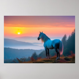 Poster Cavalo Branco Majestoso na Montanha no Sunrise 2