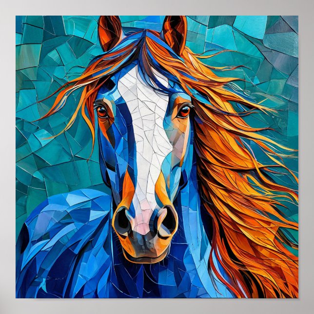 Poster Cavalo Branco Mosaico Elegante Arte Fantasia (Frente)