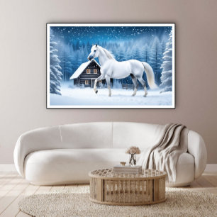 Poster Cavalo branco na floresta de inverno