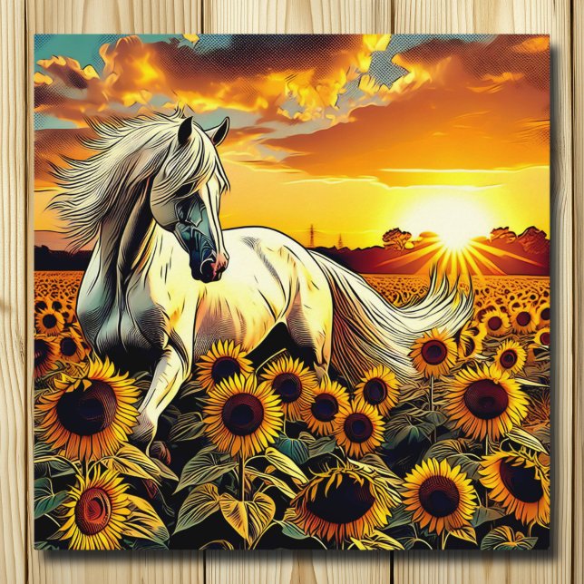 Poster Cavalo Branco no Campo de Girassóis no Sunset (Criador carregado)