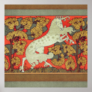 Poster CAVALO BRANCO RAMPANTE, ÁRVORES NA WOODLAND Art No