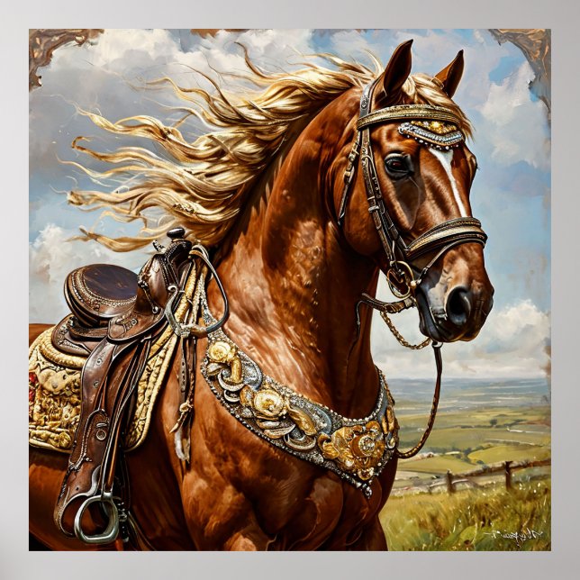 Poster Cavalo Castanho com Sela Ornamentada Sob Céu Ensol (Frente)