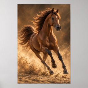 Poster Cavalo Castanho Galopante em Poeira Dourada Equest