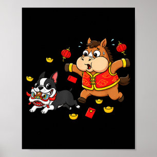 Poster Cavalo Chinês Boston Terrier Crianças Homens Mulhe