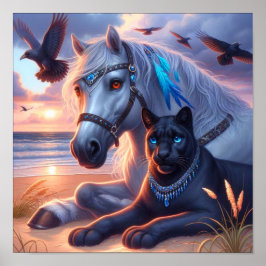 Poster Cavalo cinza Pantera preta