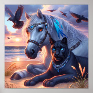 Poster Cavalo cinza Pantera preta