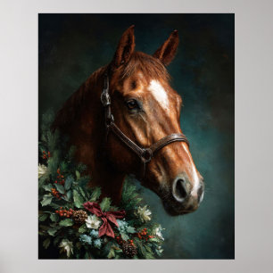 Poster Cavalo com Coroa de Natal e Fita Vermelha