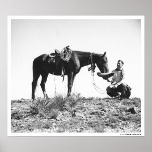 Póster Cavalo comendo do chapéu de um vaqueiro.