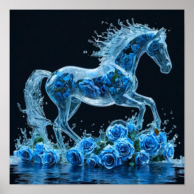 Poster Cavalo Congelado Com Rosas Azuis Fantasia Gelo Flo (Frente)