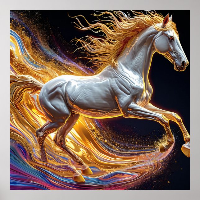 Poster Cavalo Correndo com Crina Fluindo Dourada (Frente)