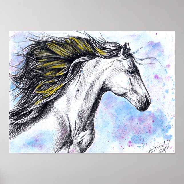 Poster Cavalo correndo selvagem Aquarela e Tintas (Frente)