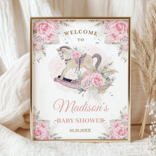 Poster Cavalo de Balanço Bebê Floral Rosa Grama Pampas Bo