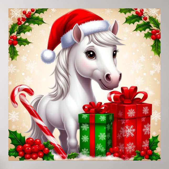 Poster Cavalo de Cartoon Festivo em Santa Hat com present (Frente)