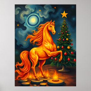 Poster Cavalo de Coral Vermelho na Árvore de Natal e Lua