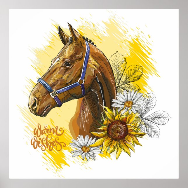 Poster Cavalo de desenho manual com plantas e flores joga (Frente)