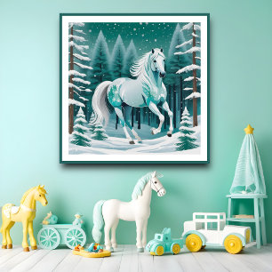 Poster Cavalo de Prata Verde na Floresta Encantada