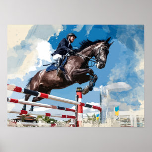 Póster Cavalo de salto do cavaleiro na competição