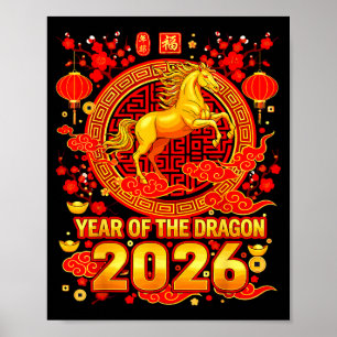 Poster Cavalo Dourado Ano Novo Chinês 2026 Dragão Zodíaco