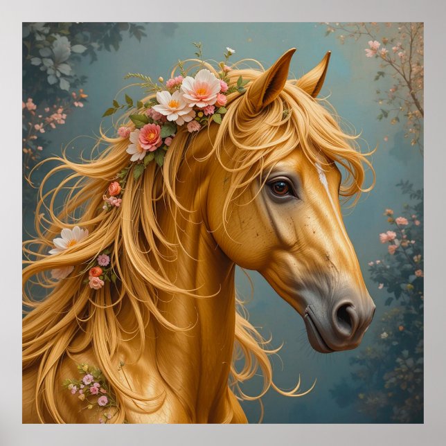 Poster Cavalo Dourado com Crina Fluindo (Frente)