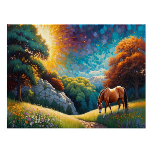 Póster Cavalo e Flores em um prado colorido