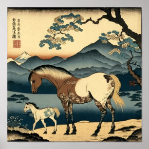 Poster Cavalo e Foal: Uma Imagem Quente em Bloco de Madei