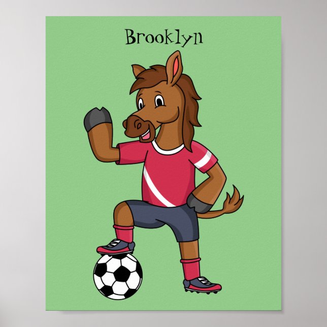 Poster Cavalo engraçado bonito jogando cartoon de futebol (Frente)