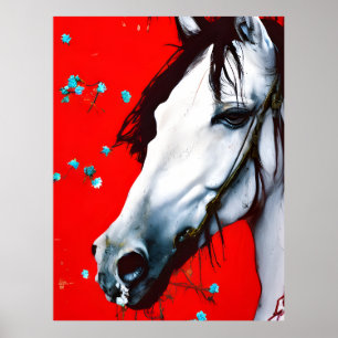 Poster Cavalo Fundo Vermelho Flores Azuis