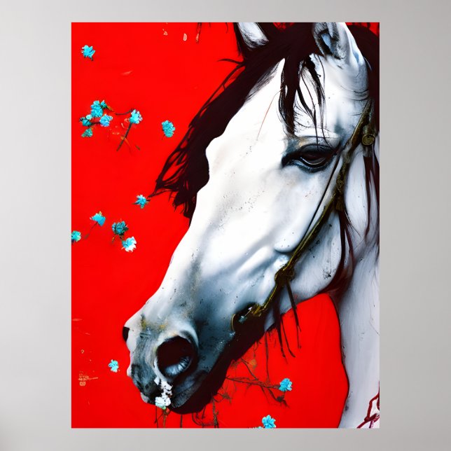 Poster Cavalo Fundo Vermelho Flores Azuis (Frente)