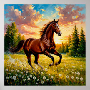 Poster Cavalo Galopando em um Campo Florido