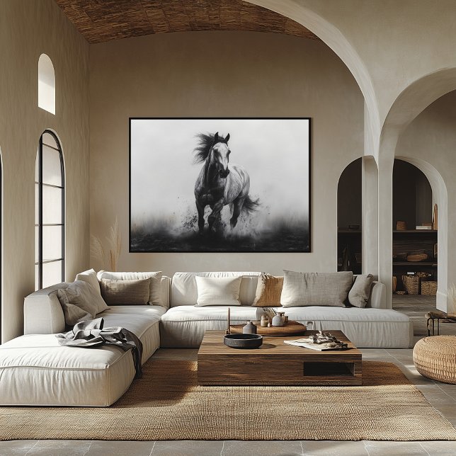 Poster Cavalo galopante majestoso em preto e branco (Criador carregado)