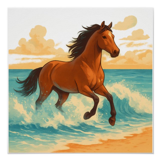 Póster Cavalo Majestoso Erguendo-se do Mar Poder e Liberd (Frente)