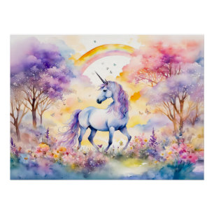 Póster Cavalo-Majestoso Unicórnio Aquarela Sob Flor de Ce