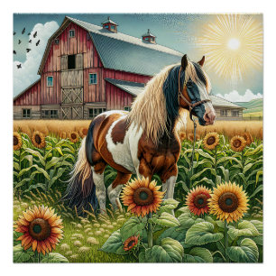Póster Cavalo Malhado, Celeiro Rústico, Sol Nascente na F