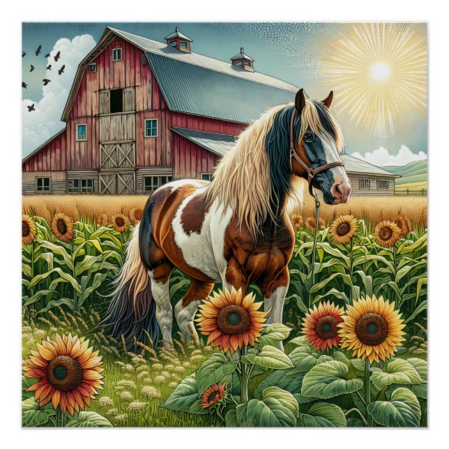 Póster Cavalo Malhado, Celeiro Rústico, Sol Nascente na F (Frente)