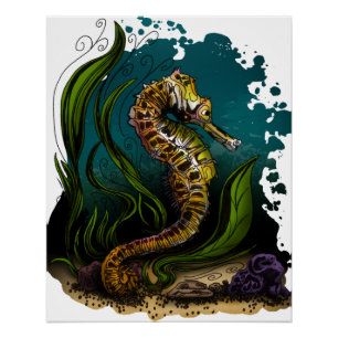 Póster Cavalo-Marinho Azul-Verde Estética Oceânica Design