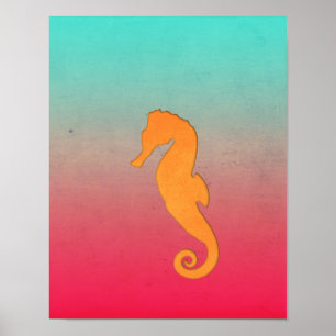 Póster Cavalo-marinho laranja silhueta Simples praia náut