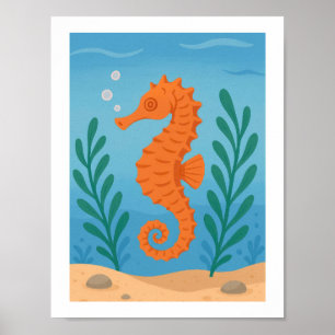 Poster Cavalo-Marinho Retro Submarino Náutico Costeiro Ma