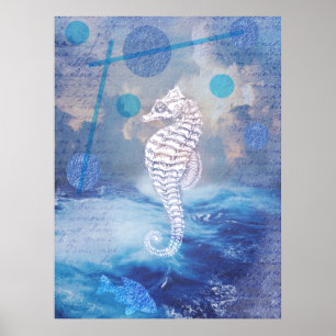 Poster Cavalo-Marinho Vintage Elegante Ondas do Oceano Az