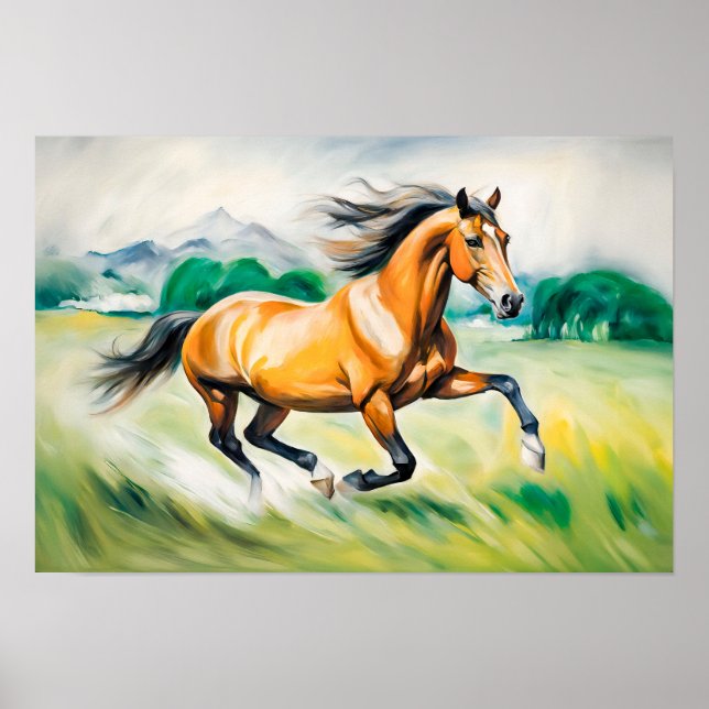 Poster Cavalo Marrom correndo em um campo (Frente)