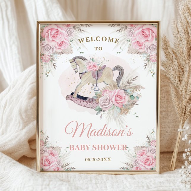 Poster Cavalo Mecedor Bebê Floral Rosa Grama Pampas Boho (Criador carregado)