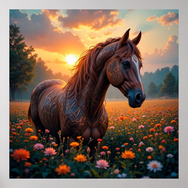 Poster Cavalo Místico em Campo de Flores (Frente)