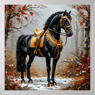 Poster Cavalo Negro Elegante Adorcido em Ouro
