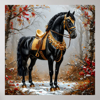 Poster Cavalo Negro Elegante Adorcido em Ouro