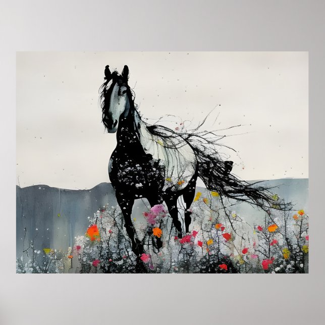 Poster Cavalo Negro em Flores Selvagens (Frente)