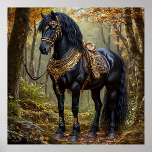 Poster Cavalo Negro Majestoso em ornamentos Dourados Rega