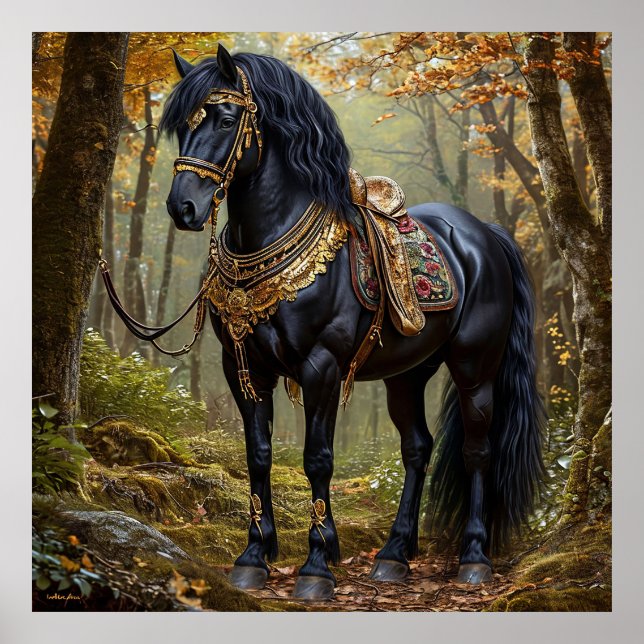 Poster Cavalo Negro Majestoso em ornamentos Dourados Rega (Frente)