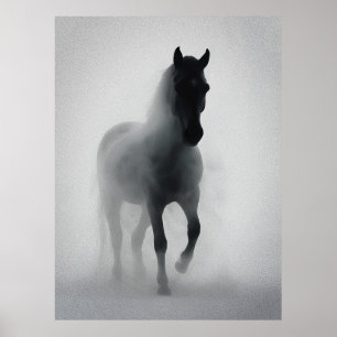 Poster Cavalo Negro Misterioso Emergindo da Névoa